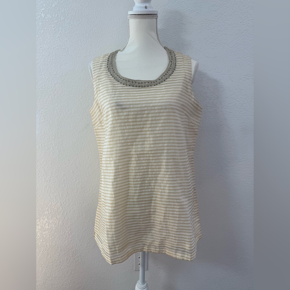 FABINDIA Silk Blend Beaded Striped Sleeveless Blouse Beige White Linen Size L